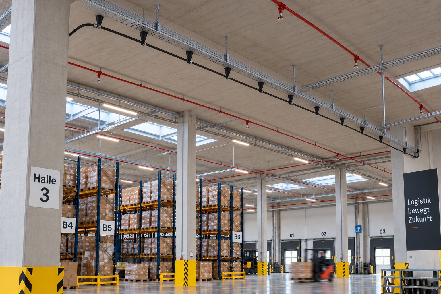 Logistikzentrum in Braunschweig – Strahlerkabel-Installation in der Logistikhalle