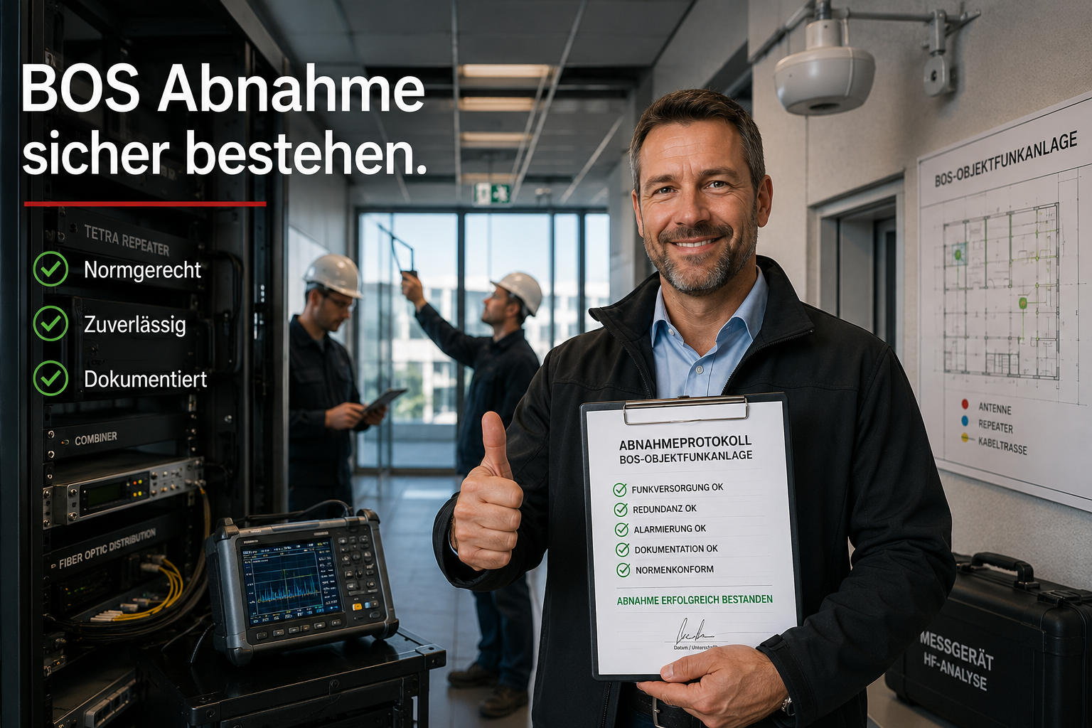 BOS-Abnahme erfolgreich bestanden – Techniker mit Abnahmeprotokoll und Daumen hoch