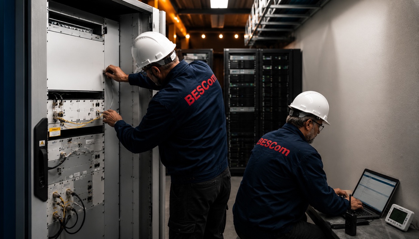 BESCom Techniker bei der Installation und Inbetriebnahme eines BOS-Objektfunksystems