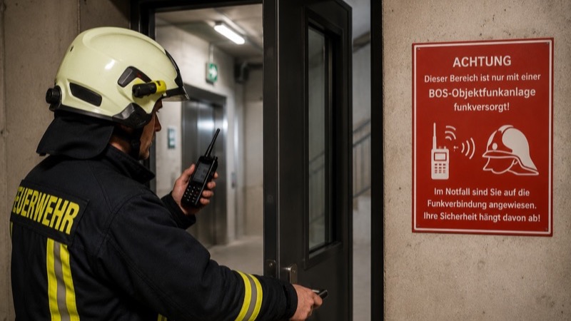 Feuerwehrmann mit BOS-Funkgerät vor Hinweisschild BOS-Objektfunkanlage