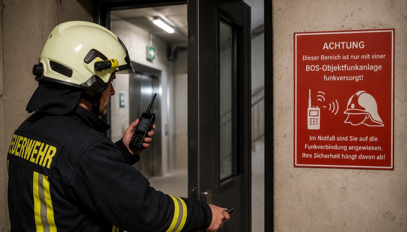 Feuerwehrmann mit BOS-Funkgerät vor Hinweisschild BOS-Objektfunkanlage