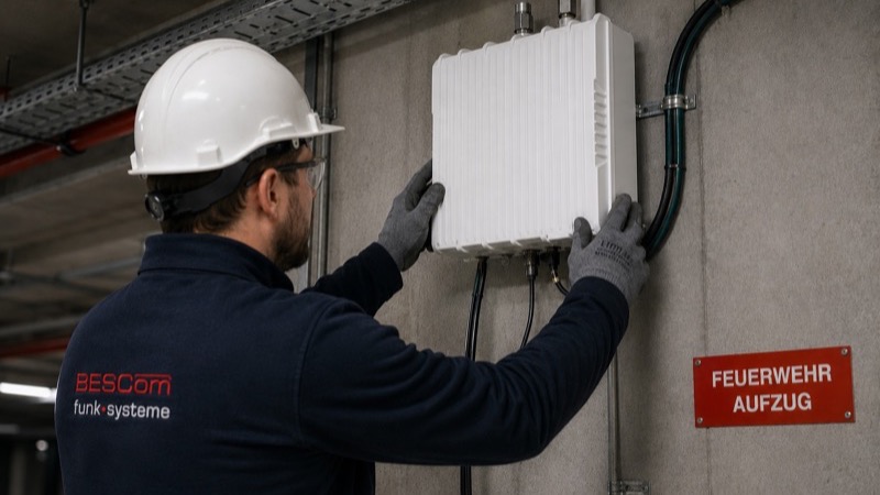 BESCom Techniker bei der Montage eines BOS-Objektfunk Repeaters