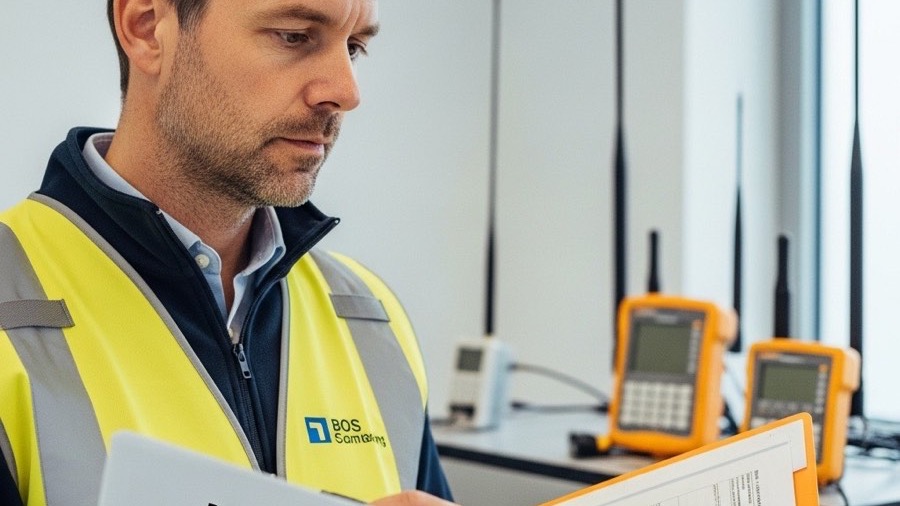 BESCom Techniker bei der Wartung und Prüfung einer BOS-Objektfunkanlage nach DIN 14024