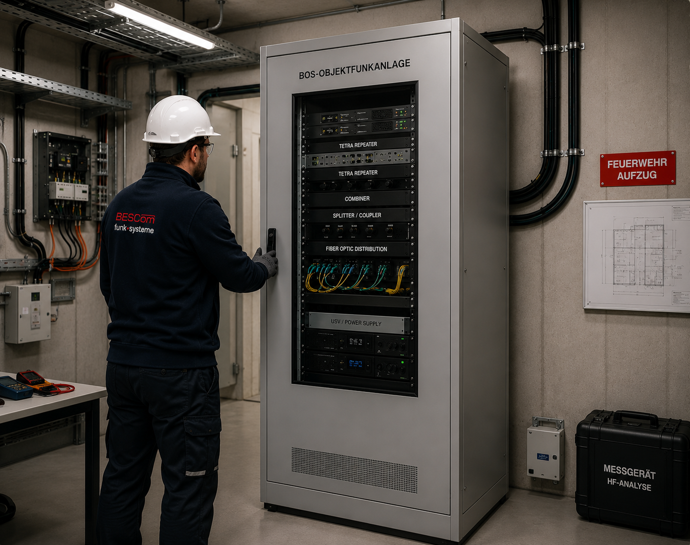 Rack-Installation eines TETRA-Repeaters für BOS-Objektfunk
