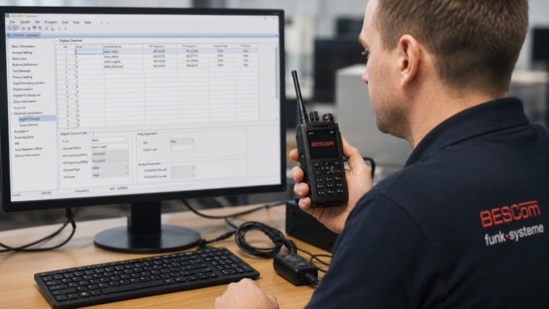 BESCom Techniker programmiert DMR-Handfunkgerät mit Kanalplanung-Software