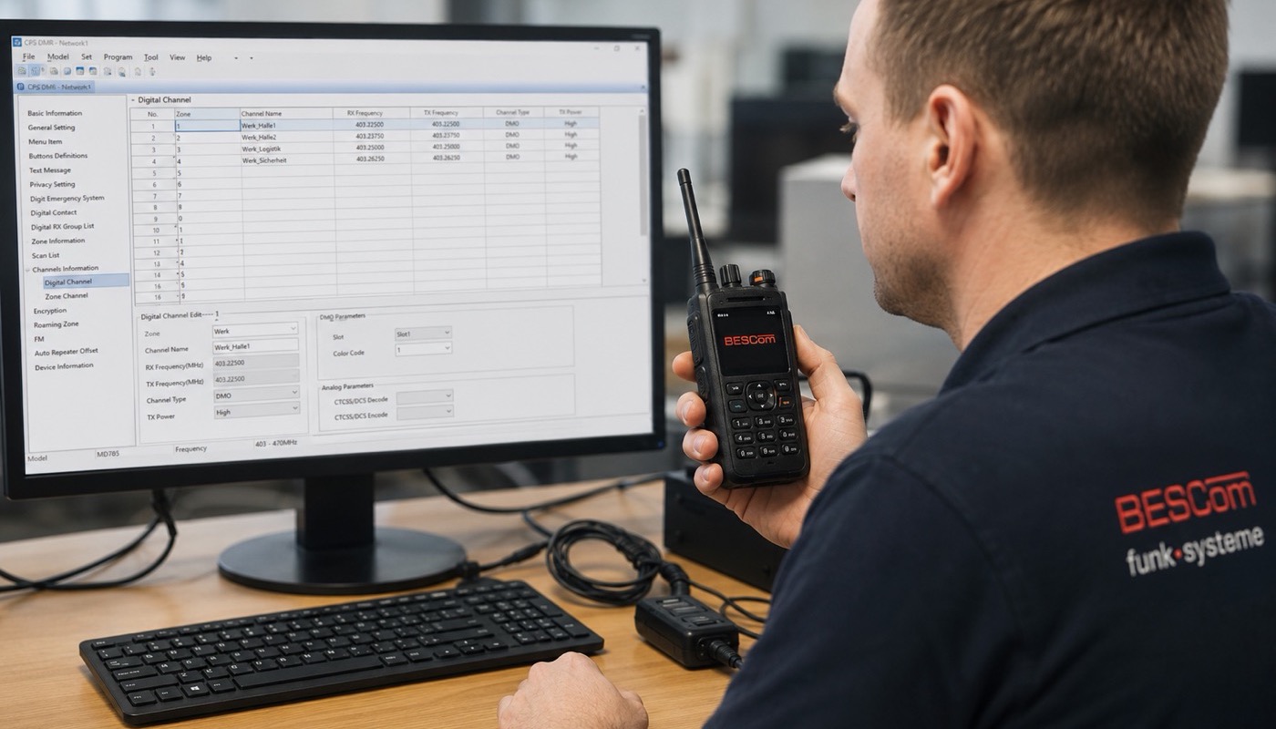 BESCom Techniker programmiert DMR-Handfunkgerät mit Kanalplanung-Software