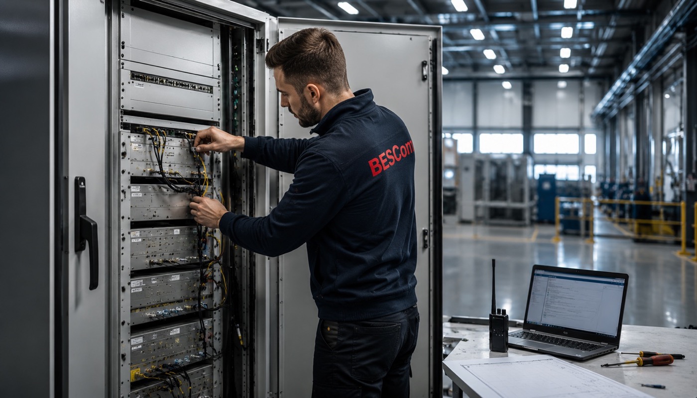 BESCom Techniker bei der Installation und Inbetriebnahme eines DMR/TETRA Industriefunksystems