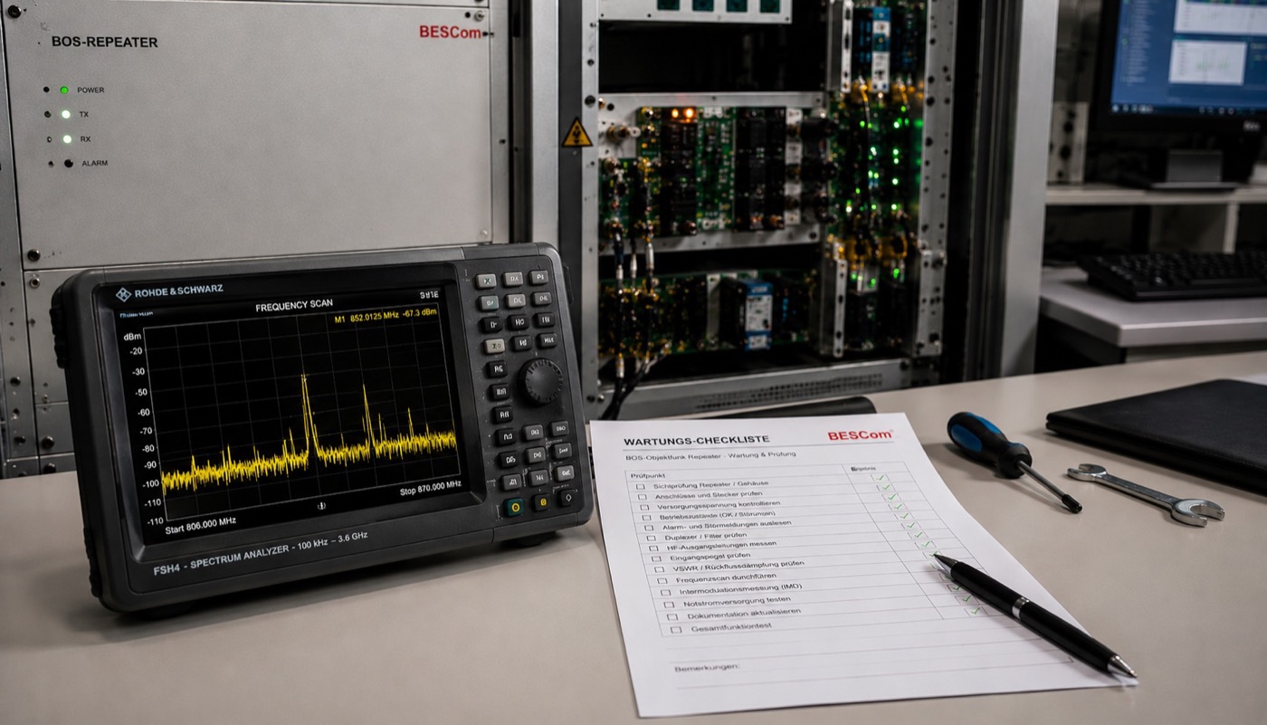 BESCom Wartungs-Checkliste und Spektrumanalysator bei der Prüfung einer Industriefunkanlage
