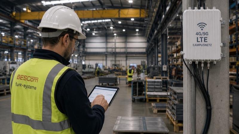 BESCom Techniker mit Tablet vor LTE-Campusnetz Access Point in Industriehalle