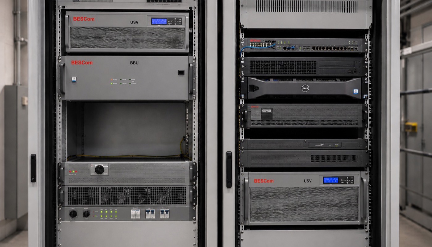 BESCom LTE-Campusnetz Serverrack mit USV und BBU bei der End-to-End-Installation und IT-Integration