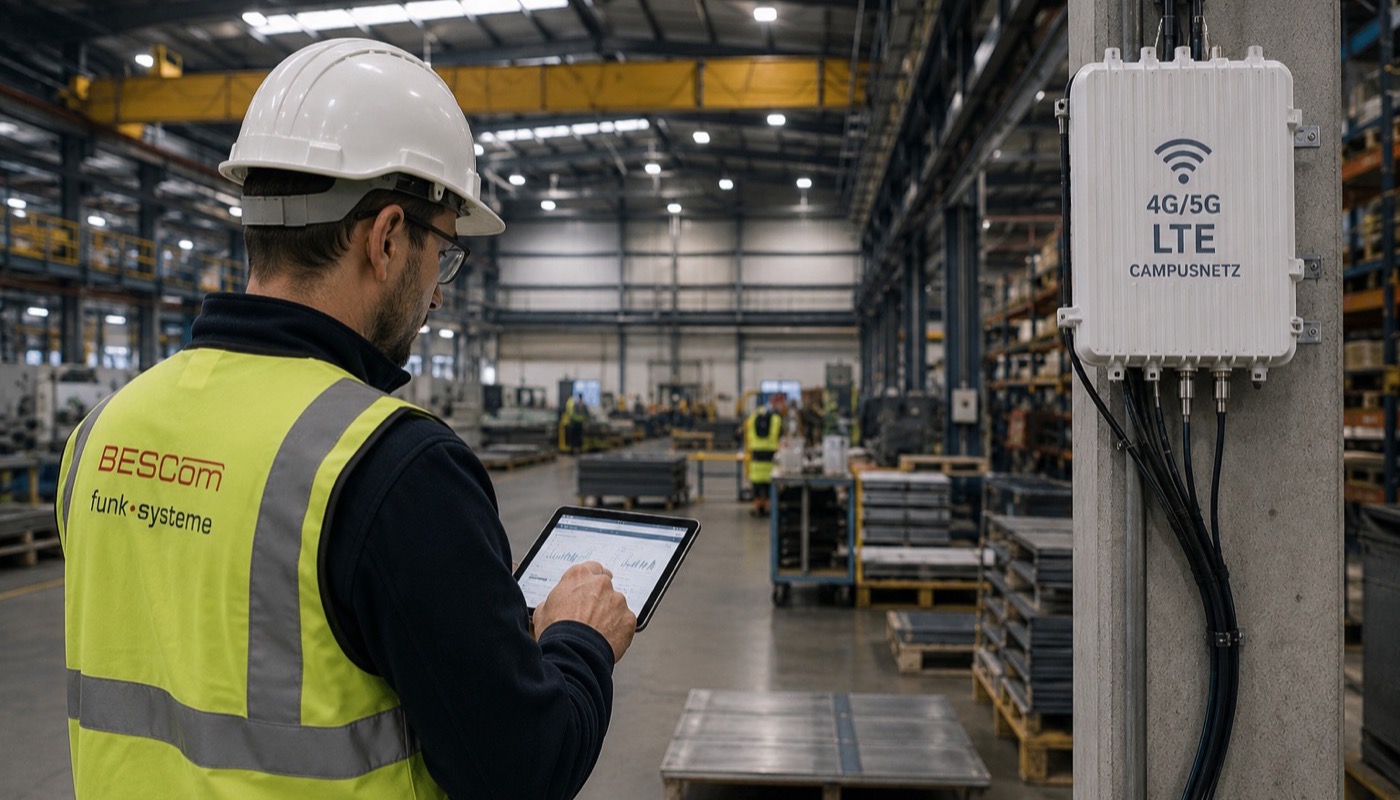 BESCom Techniker mit Tablet vor LTE-Campusnetz Access Point in Industriehalle