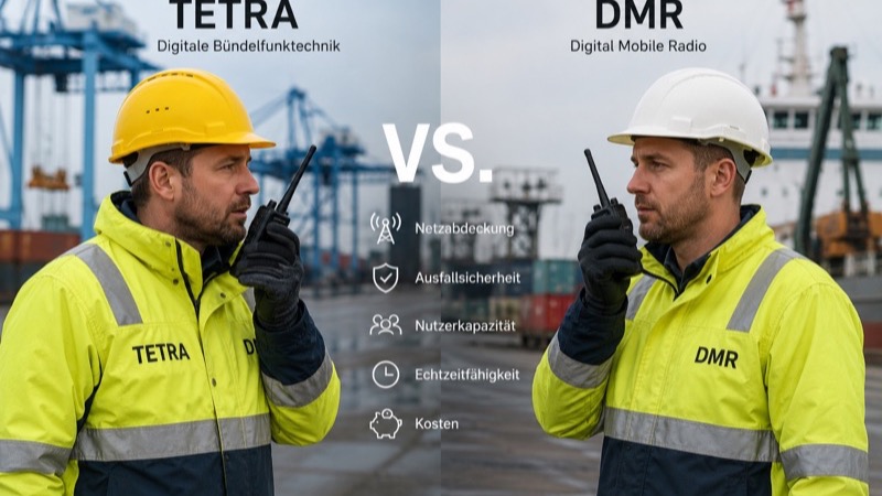 TETRA vs. DMR Vergleich – zwei Techniker mit Digitalfunkgeräten im Hafen